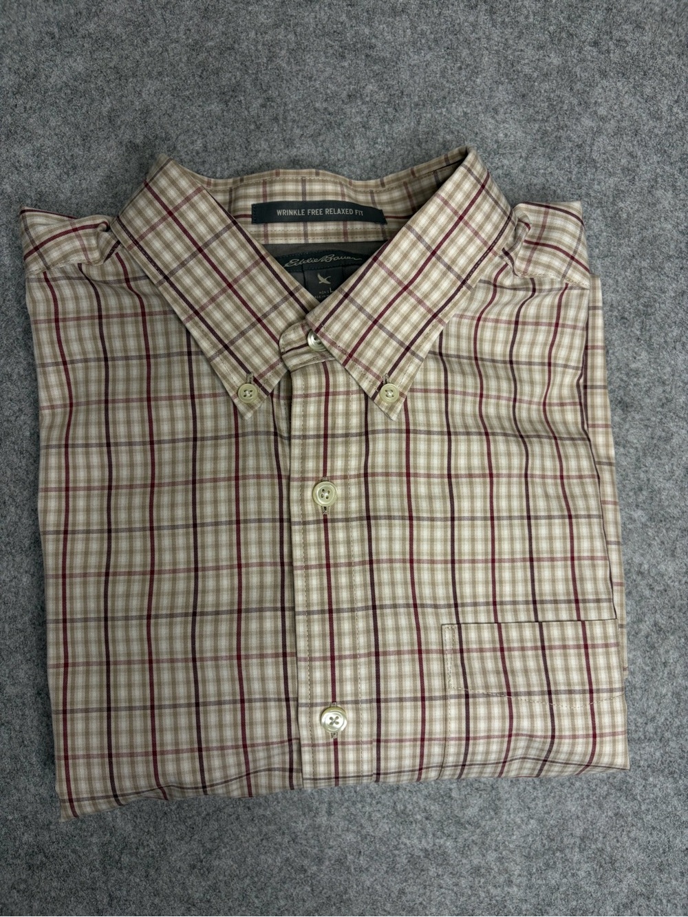 Eddie Bauer Men’s Plaid Button-Down Shirt — Beige with Red Trim